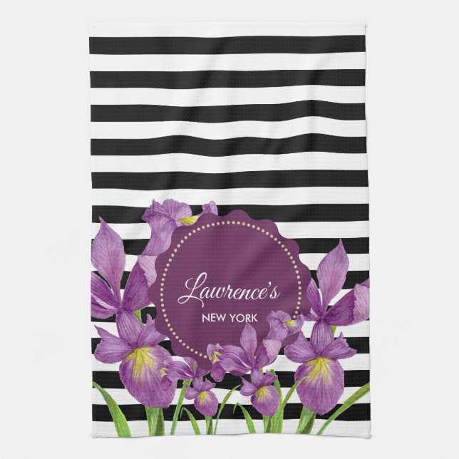 VattenfärgsLila Iris Black White Rand Mönster Kökshandduk (Vertikal)