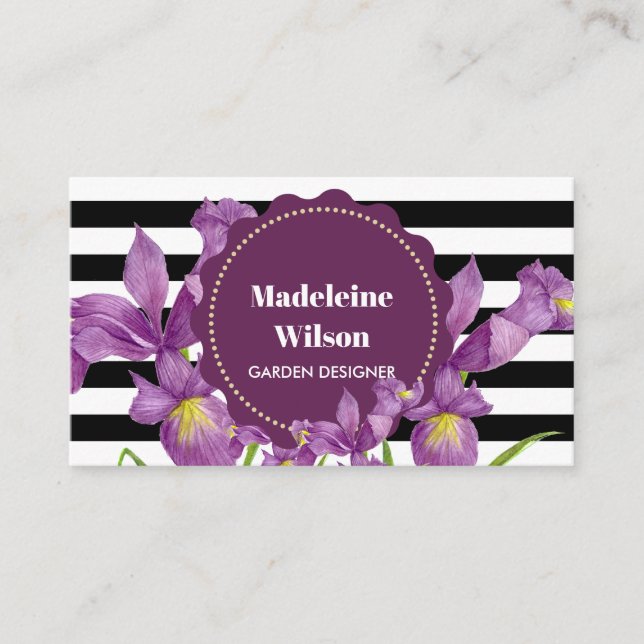 VattenfärgsLila Iris Black White Rand Mönster Visitkort (Framsida)