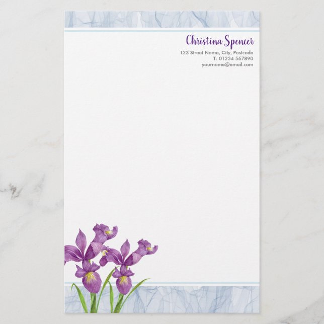 VattenfärgsLila Iris Botanical Blommigt Organza Brevpapper (Framsida)