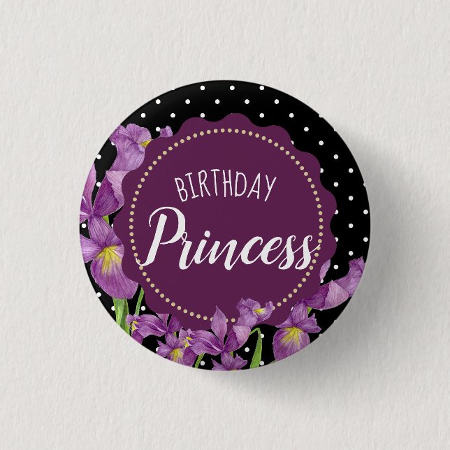 VattenfärgsLila Iris Botanical Blommigt Polka dots Knapp (Framsida)