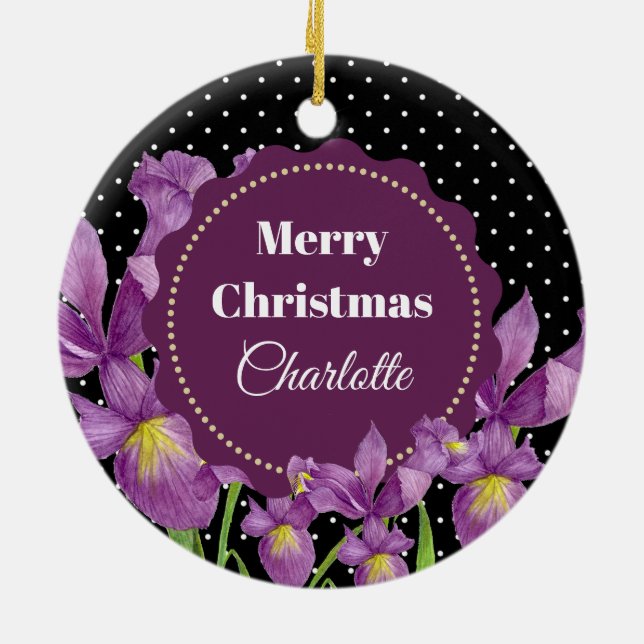 VattenfärgsLila Iris Botanical Polka dots Julgransprydnad Keramik (Baksidan)