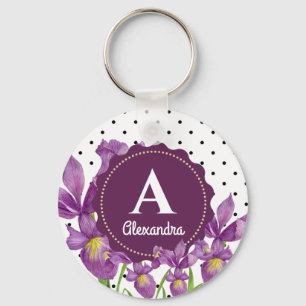 VattenfärgsLila Iris Botanical Polka dots Nyckelring