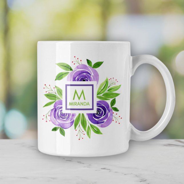 VattenfärgsLila Ro Personlig Monogram Kaffemugg (Skapare uppladdad)