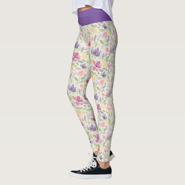 VattenfärgsLila Rosa Blommigt Flower Mönster Leggings (Vänster)