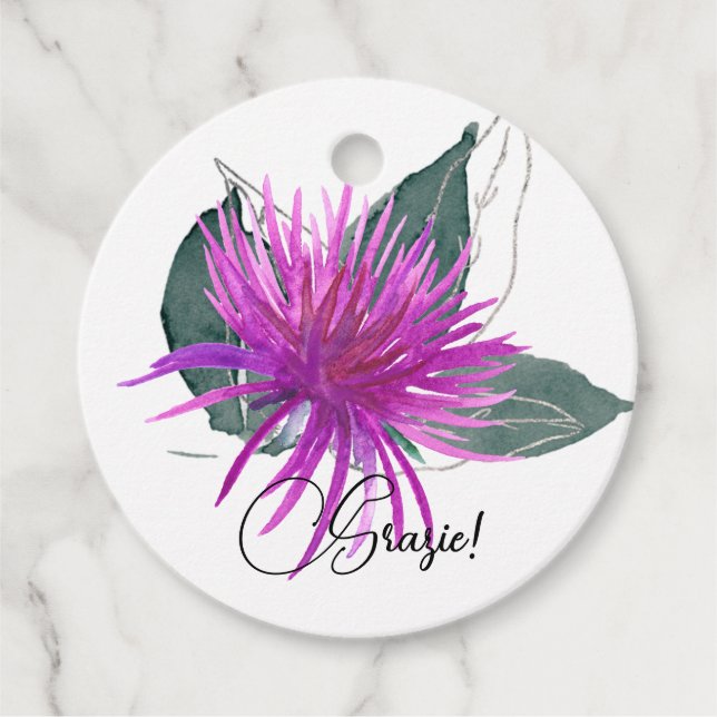 VattenfärgsLila Thistle och Grönt Löv Grazie Gåvor Etiketter (Framsida)