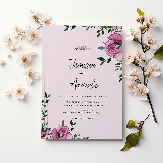 Vattenfärgslilak grönt guld ro blommigt Bröllop Inbjudningar (Watercolor lilac green gold rose floral Wedding )