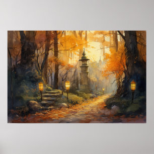 Vattenfärgslindning väg genom fall skogen vid skym poster