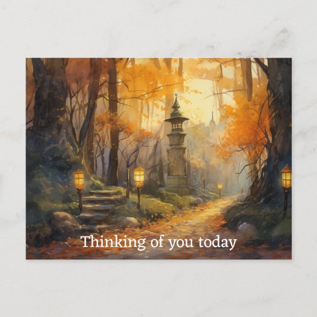 Vattenfärgslindning väg genom fall skogen vid skym vykort (Framsida)