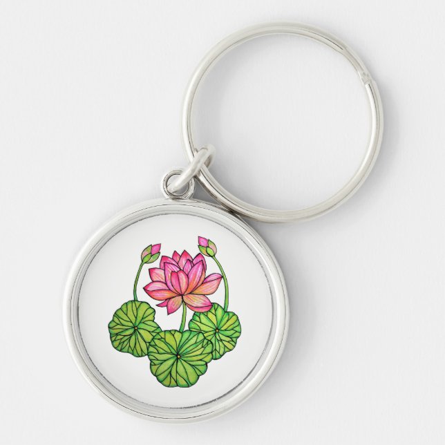 VattenfärgsLotus med Buds & Löv Rosa Rund Silverfärgad Nyckelring (Framsidan)