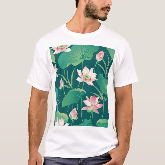 Vattenfärgslotus: vintage sömlösa blommor. t shirt (Framsida)