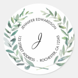 Vattenfärgslöv, monogram returadress runt klistermärke