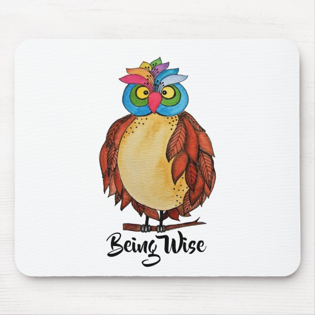 Vattenfärgsmagisk Uggla med regnbågsfjädrar Musmatta (Framsidan)