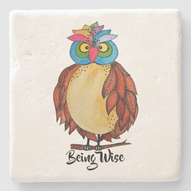 Vattenfärgsmagisk Uggla med regnbågsfjädrar Underlägg Sten (Framsidan)