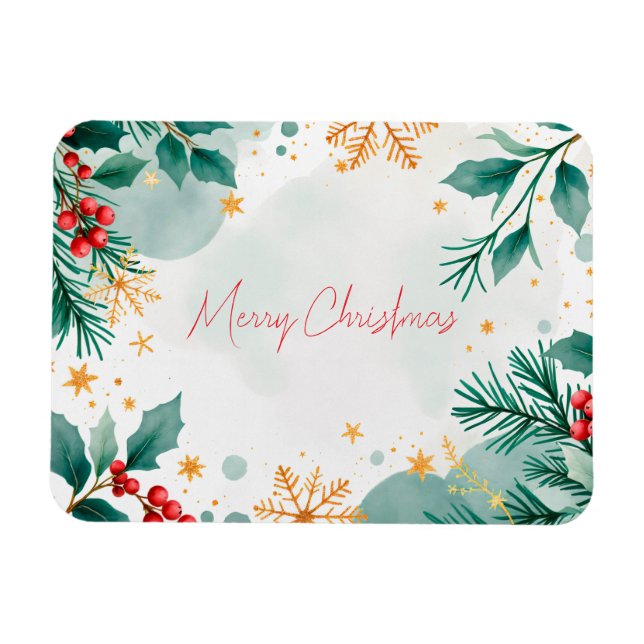 Vattenfärgsmagnet God jul med Löv Magnet (Horisontell)