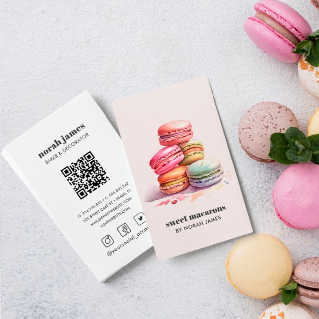 Vattenfärgsmakaroner Sweet Cake Social Icon QR COD Visitkort (Watercolor french macarons business card for bakery shop, home baked food and delivery, with qr code)