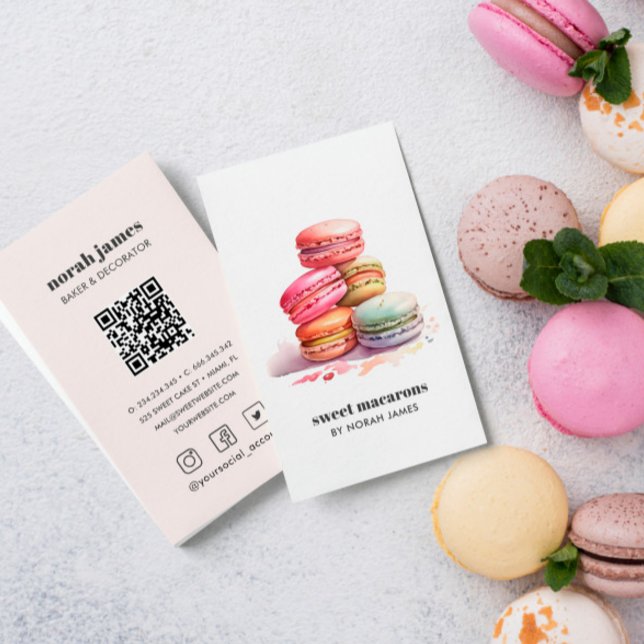 Vattenfärgsmakaroner Sweet Cake Social Icon QR COD Visitkort (WATERCOLOR FRENCH PASTRY MACARONS BAKERY BUSINESS BUSINESS CARD WITH QR CODE AND SOCIAL ICONS
)