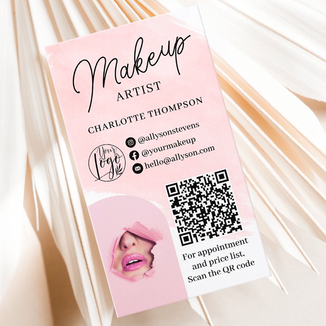 Vattenfärgsmakeup, logotyp Qr kod 2 foton Visitkort (Watercolor makeup logo Qr code 2 photos Business Card)