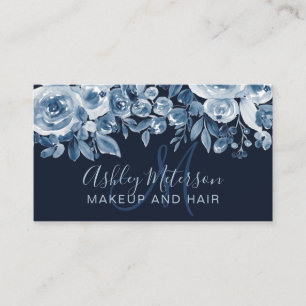 Vattenfärgsmakeup-monogram för marin blå blommi visitkort