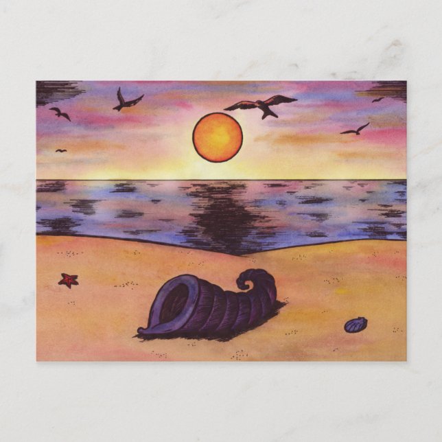 vattenfärgsmålarmussla på stranden medan solnedgån helg vykort (Framsida)