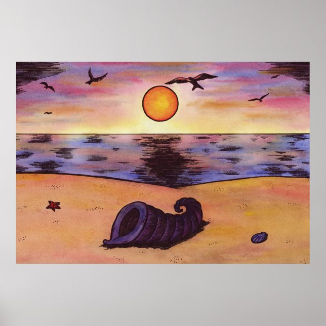 vattenfärgsmålarmussla på stranden medan solnedgån poster (Framsidan)