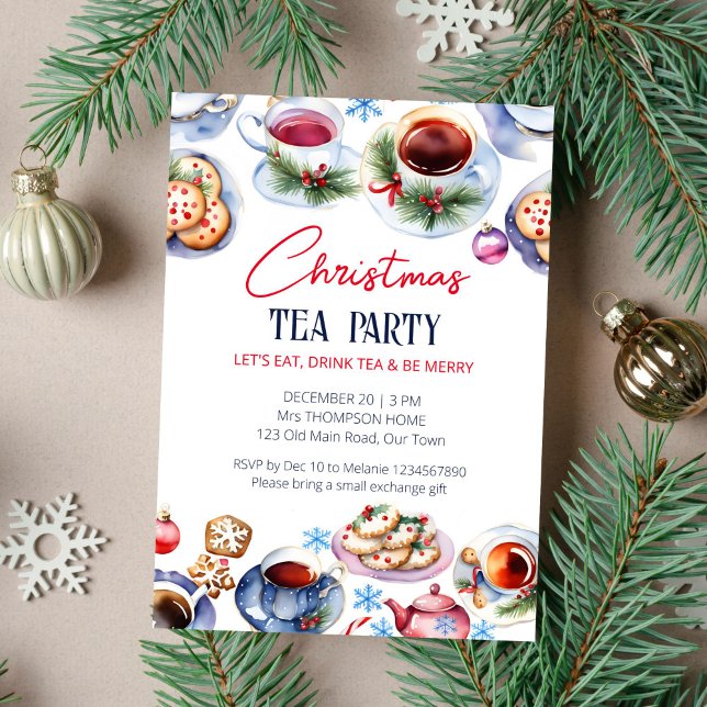 Vattenfärgsmall för julte party inbjudningar (Christmas tea party template invitation instant download watercolor tea cups and sauces cookies snow)