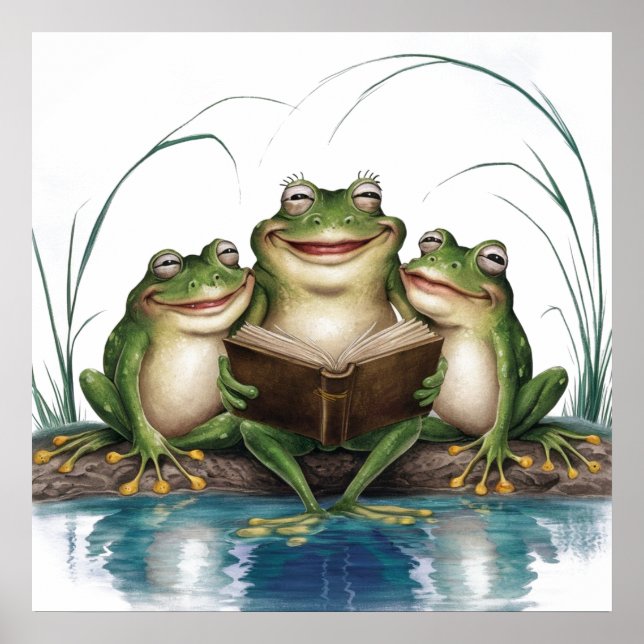 Vattenfärgsmällor i modern grönt grodor som läser  poster (Framsidan)