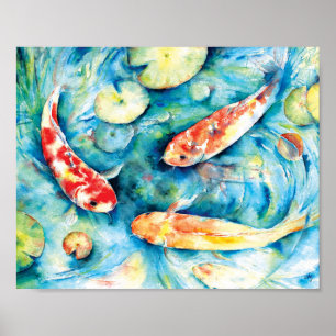 Vattenfärgsmålning av Koi i Lily Pond Poster