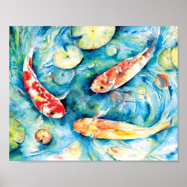 Vattenfärgsmålning av Koi i Lily Pond Poster (Framsidan)