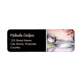 Vattenfärgsmålning för höstfärg i Arched Bridge Ma Returadress Etikett