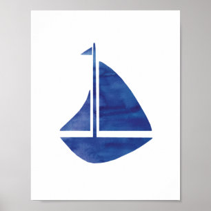 Vattenfärgsmålning för Nautisk blå segelbåt Poster