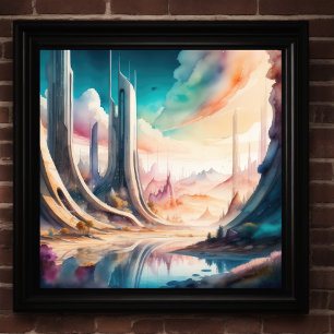 Vattenfärgsmålning i Futuristiska City Poster