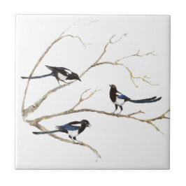 Vattenfärgsmålning i Magpie Bird Family Kakelplatta