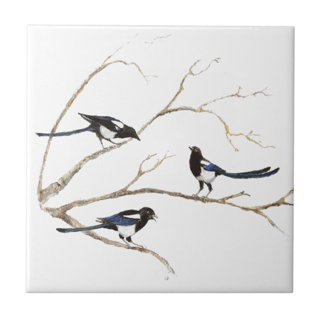 Vattenfärgsmålning i Magpie Bird Family Kakelplatta (Framsidan)