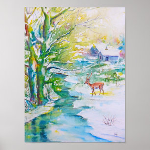 Vattenfärgsmålning Snö Hjort Stream liggande Poster