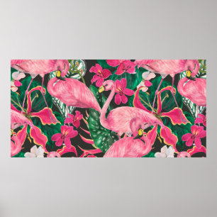 Vattenfärgsmålning sömlös mönster med flamingo poster