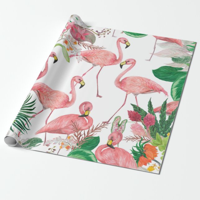 Vattenfärgsmålning sömlös mönster med flamingo presentpapper (Utrullad)