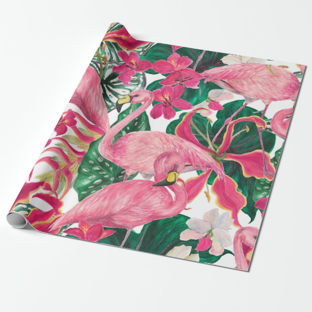Vattenfärgsmålning sömlös mönster med flamingo presentpapper (Utrullad)