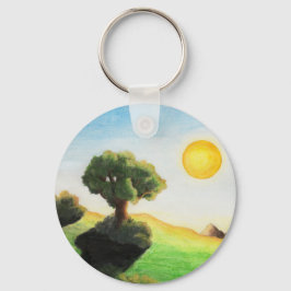 vattenfärgsmålning träd art sol naturlandskap nyckelring