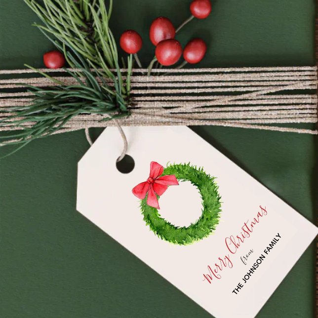 Vattenfärgsmandning med röda Juletiketter Presentetikett (Skapare uppladdad)