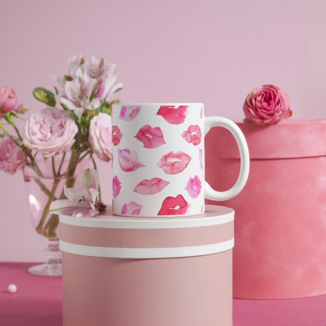 Vattenfärgsmärke rosa läppar mönster makeup brandi kaffemugg (Skapare uppladdad)