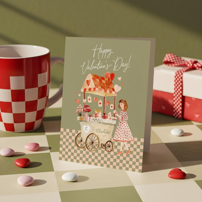 Vattenfärgsmarknadskort - kort för alla hjärtslag  (Watercolor Vintage Market Cart Valentine Card)