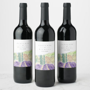 Vattenfärgsmarkör Lavender Fält Bröllop Vin Vinflaska Etikett