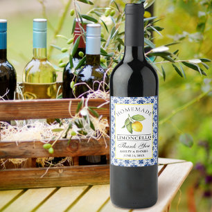 Vattenfärgsmarkör Lemon Blue Tile Limoncello Flask Vinflaska Etikett