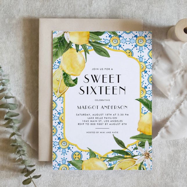Vattenfärgsmarockansk platta och Lemon Design Swee Inbjudningar (Customizable Mediterranean-theme sweet sixteen invitation featuring Moroccan tile and lemon design.)
