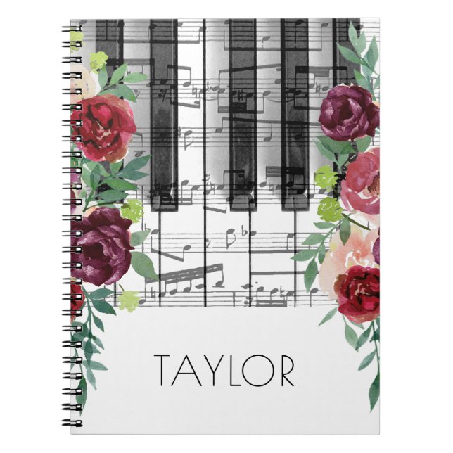 Vattenfärgsmarsala röd blomma musik piano anteckningsbok (Framsidan)