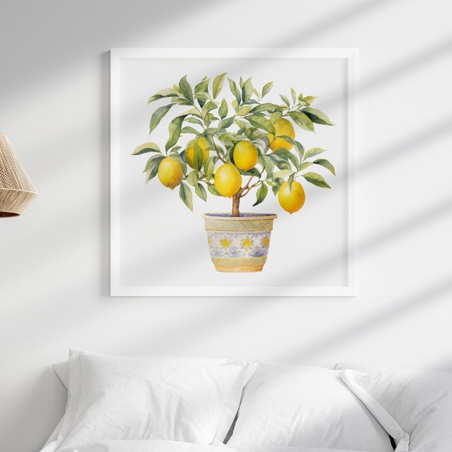 Vattenfärgsmedelhavsmemon Träd Wall Art Poster (Watercolor Mediterranean Lemon Tree Wall Art in a white frame in a neutral boho bedroom.)
