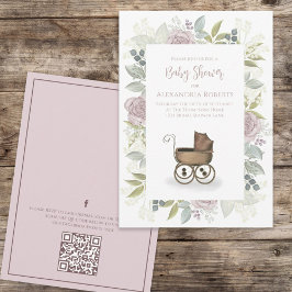 Vattenfärgsmedia i Baby Rosa QR-kod Social Blommig Inbjudningar
