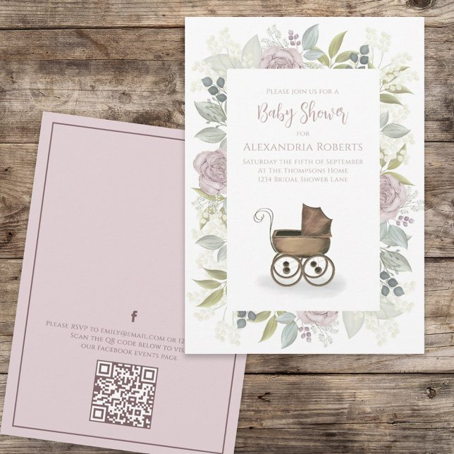 Vattenfärgsmedia i Baby Rosa QR-kod Social Blommig Inbjudningar (Skapare uppladdad)