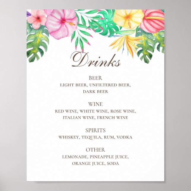 Vattenfärgsmeny för tropiska blommigtar, bröllop,  poster (Framsidan)