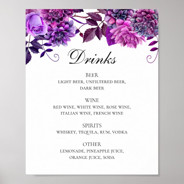 Vattenfärgsmeny lila blommigt bröllop Drycker pub Poster (Framsidan)